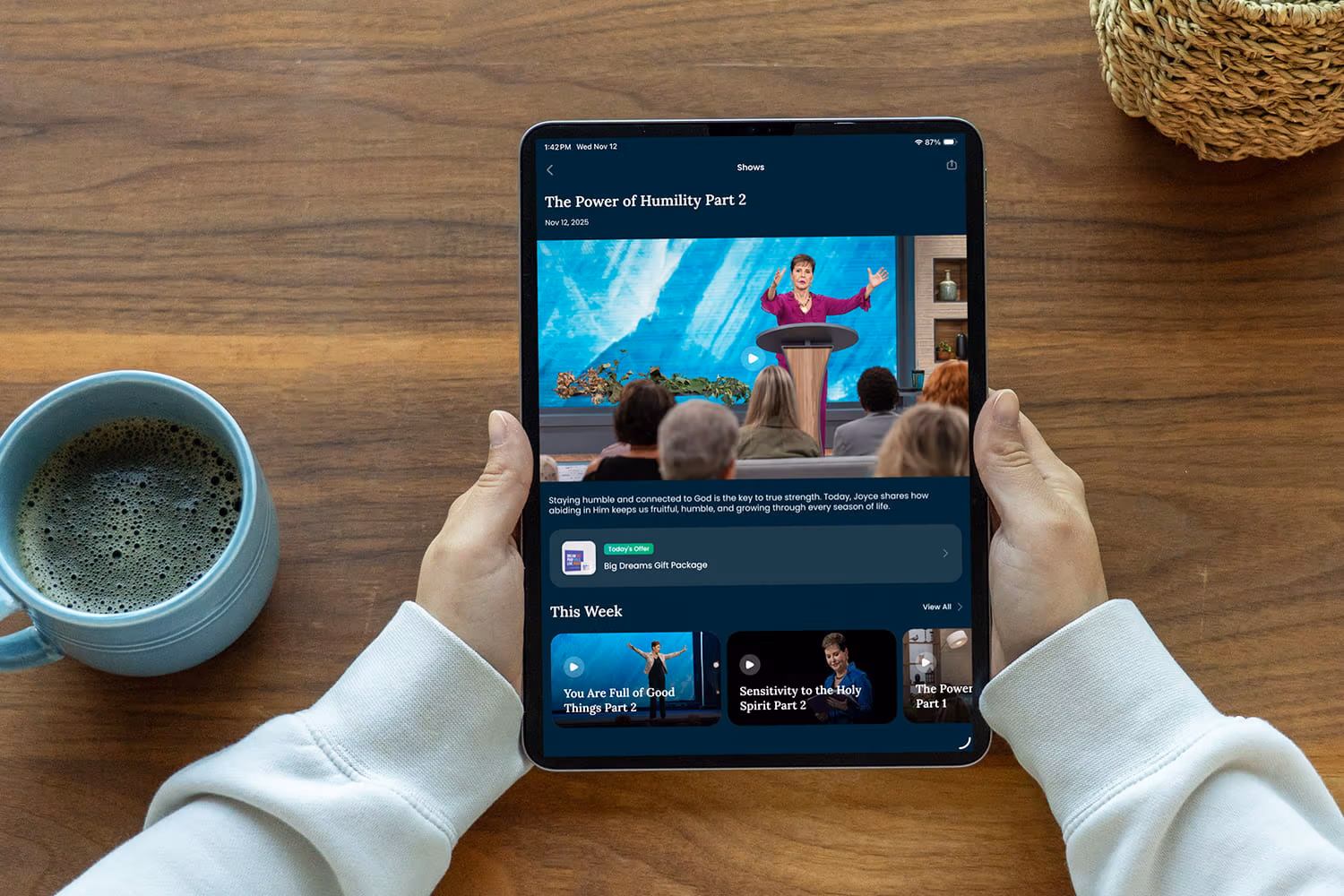 Someone looking at the Joyce Meyer Ministries app on a Ipad