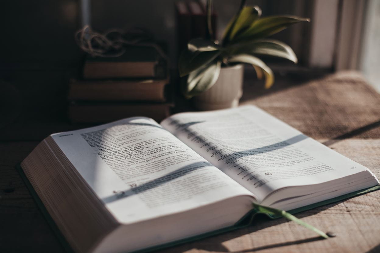 An open Bible on a table for reading a daily devotional with morning sunlight.