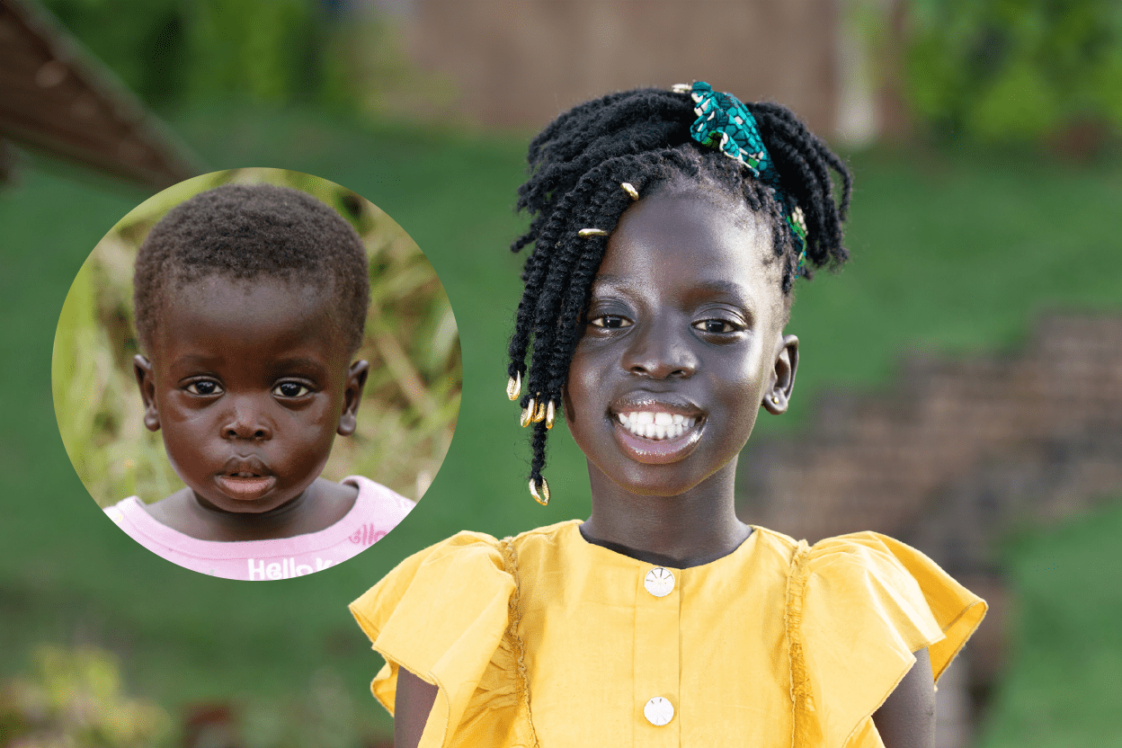 A smiling girl in a yellow dress with braided hair; an inset shows her as a solemn toddler, highlighting her growth.