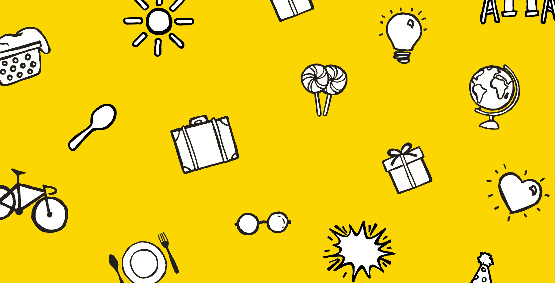 yellow background with white and black illustrations of different objects
