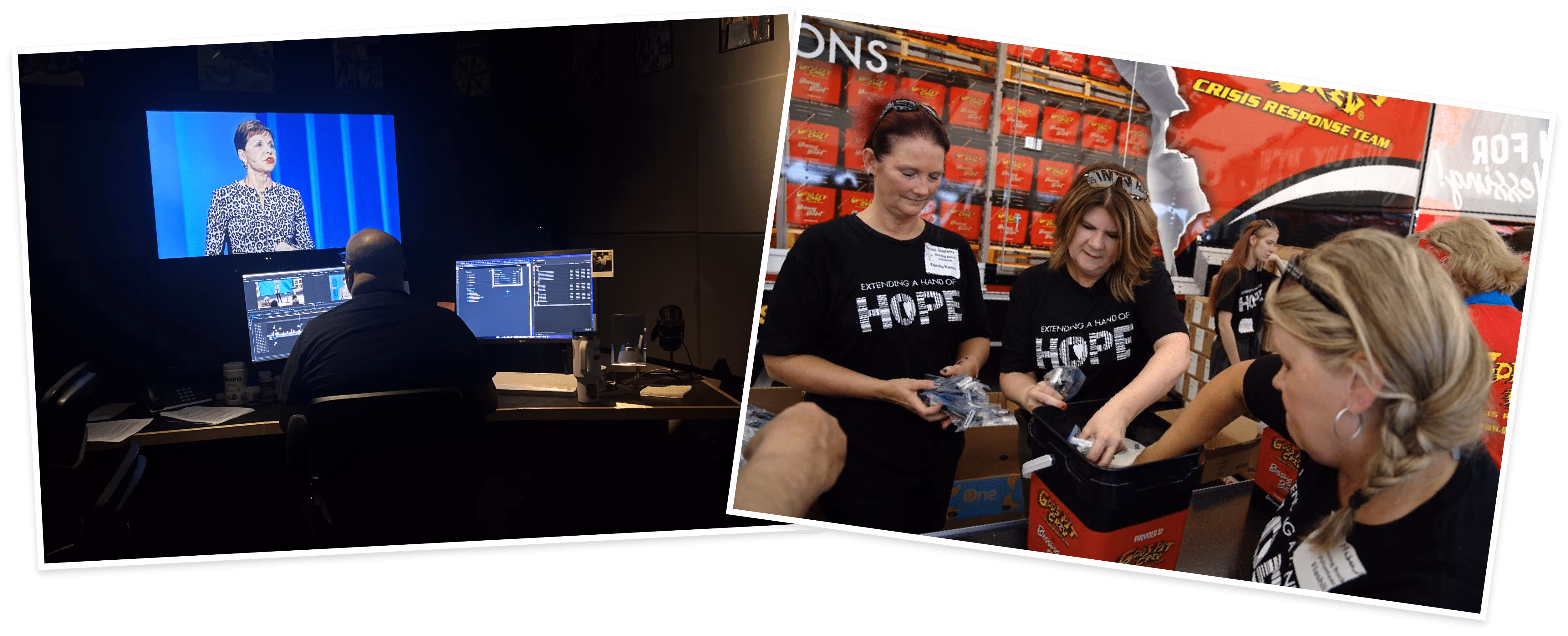 Editor working and employees packing care packages